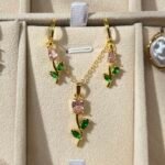 Tulip Set earrings & necklace ( rose pink&green combo)