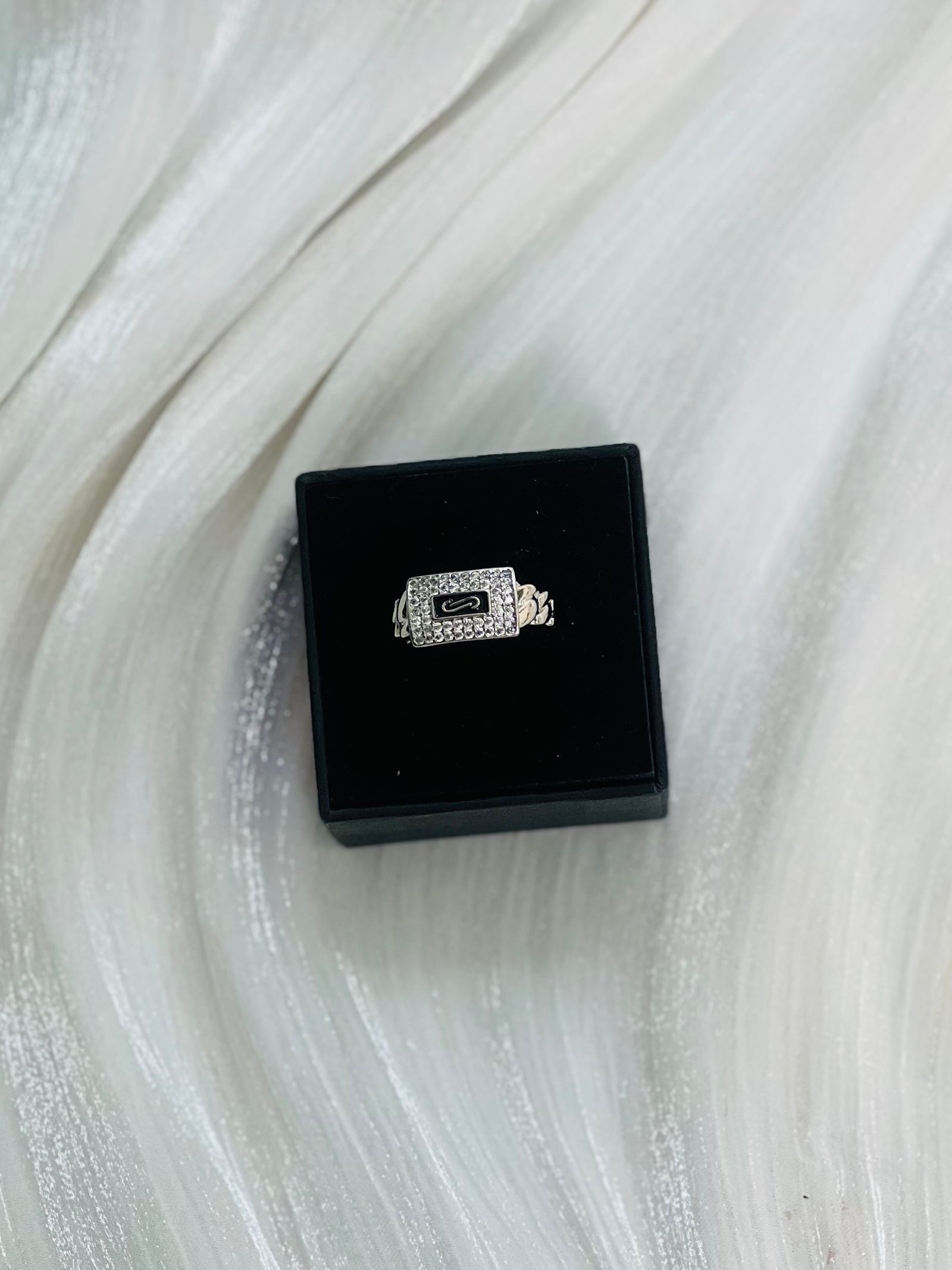 IMG_9875 Rectangular Pave & Enamel Center Silver Ring - Image 1