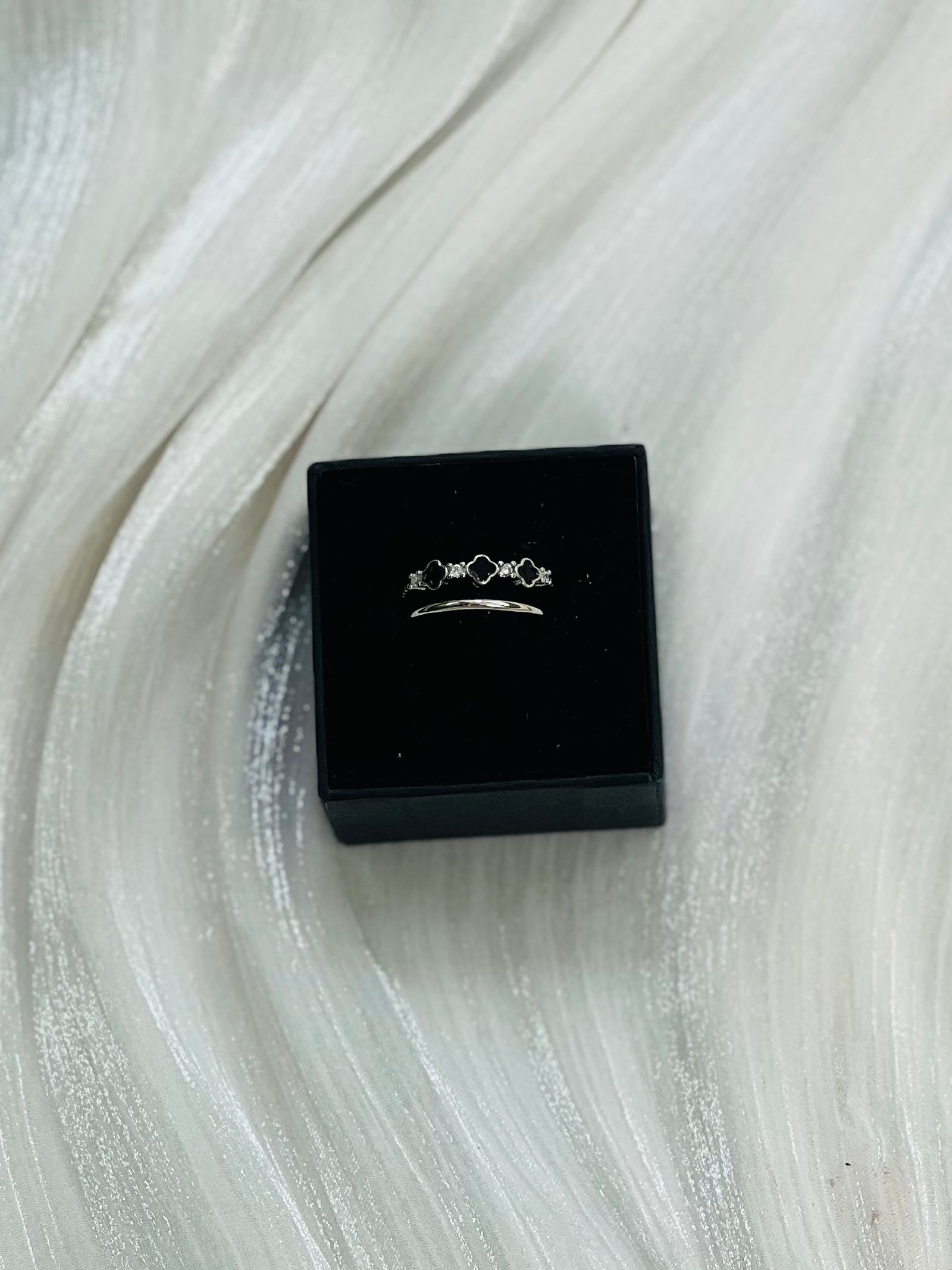 IMG_9879 Van Cleef-Style Black Enamel Clover Stacked Silver Ring - Image 1