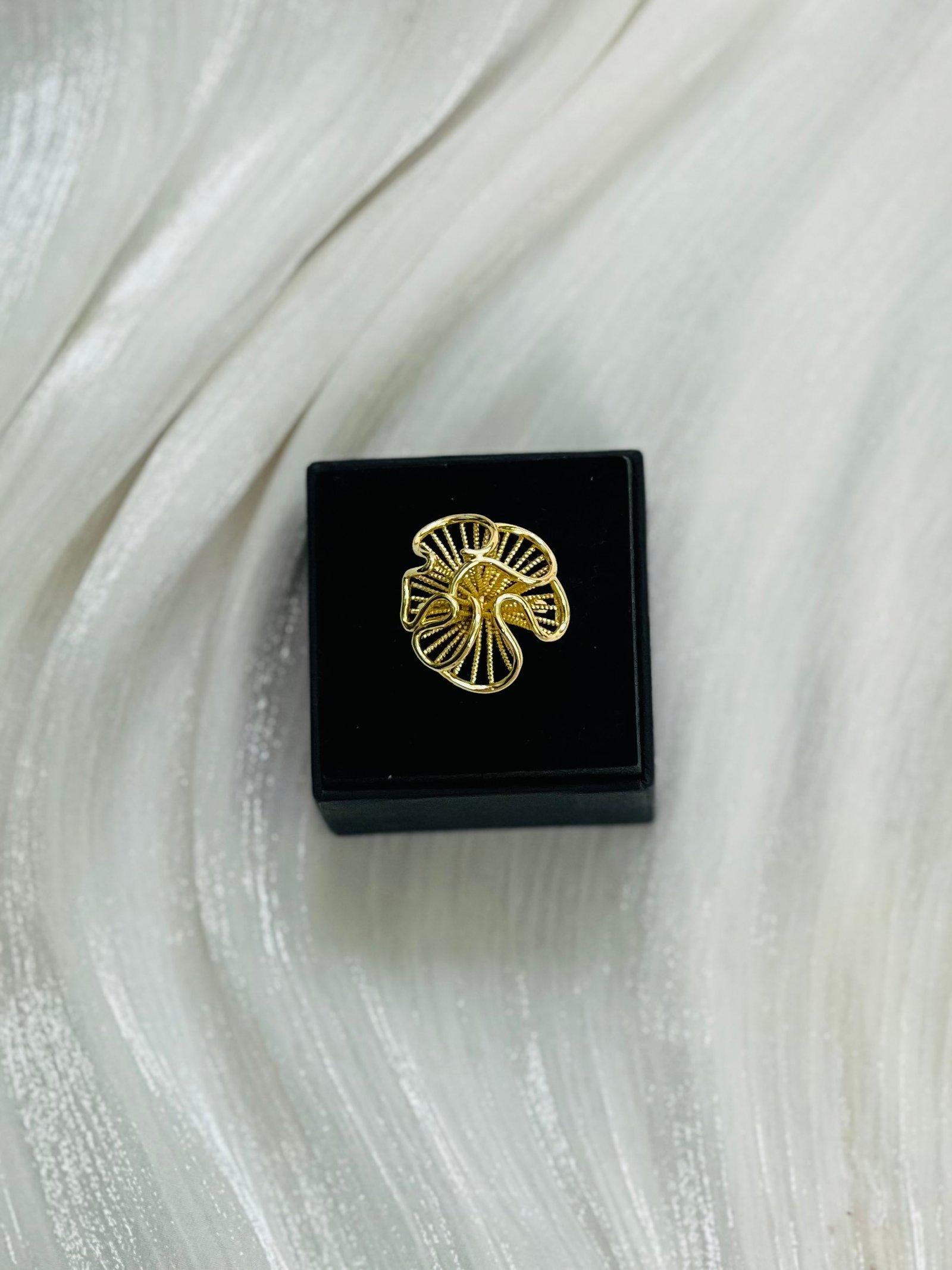 IMG_9883 Filigree Openwork Ruffled Flower Gold Ring - Image 1