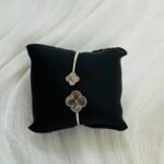 Van Cleef-Style Guilloche Clover Open Bangle Silver Bracelet
